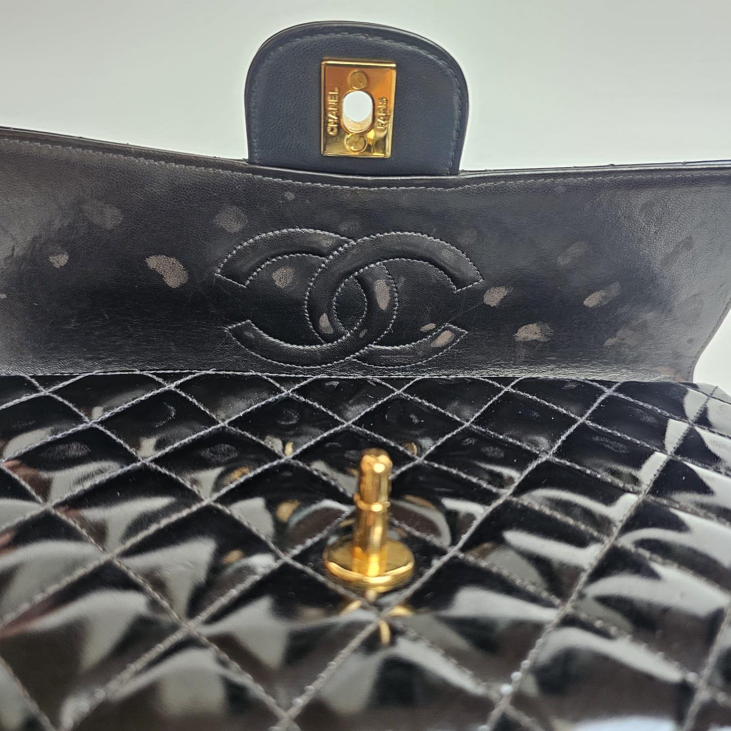 Vintage 1990s Chanel Black Patent Quilted Top Handle East West Flap Bag 13