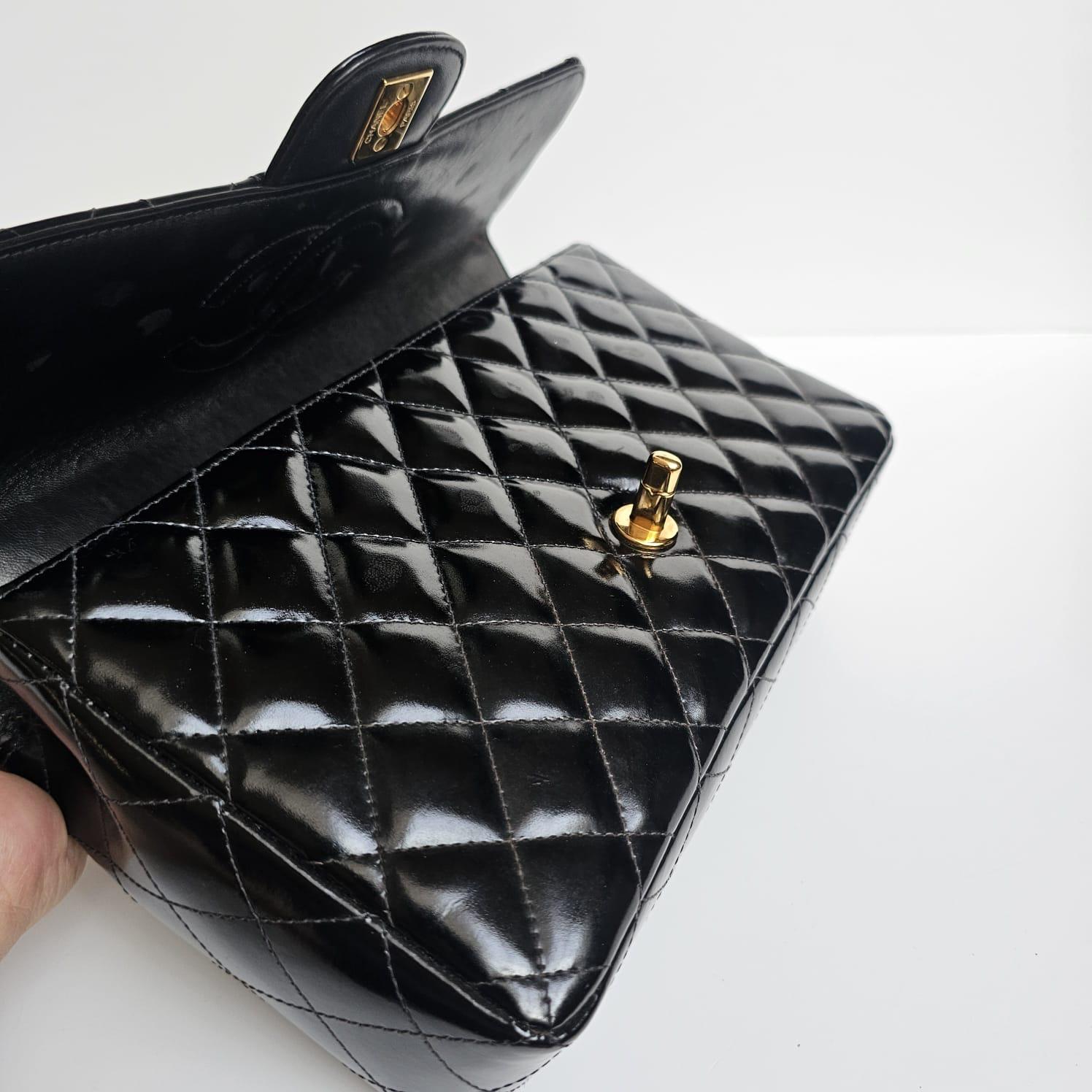 Vintage 1990s Chanel Black Patent Quilted Top Handle East West Flap Bag 14