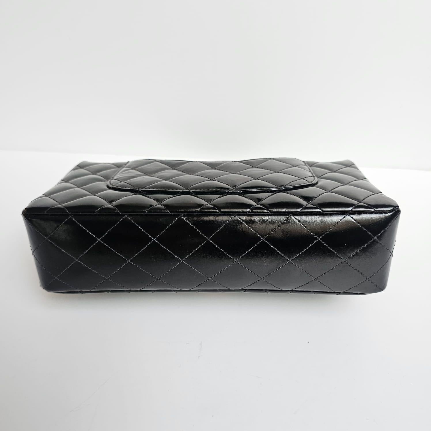 Women's or Men's Vintage 1990s Chanel Black Patent Quilted Top Handle East West Flap Bag