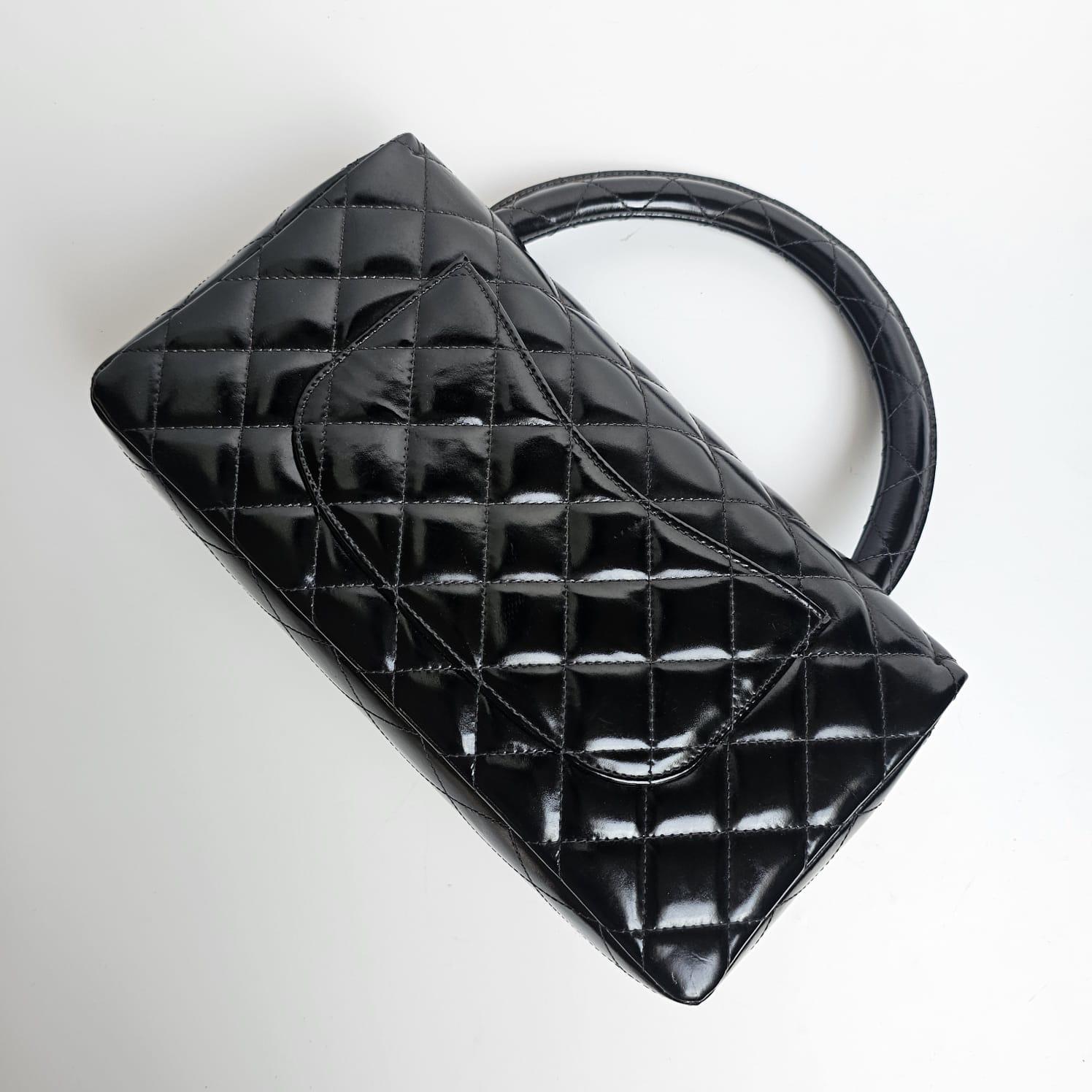 Vintage 1990s Chanel Black Patent Quilted Top Handle East West Flap Bag 1