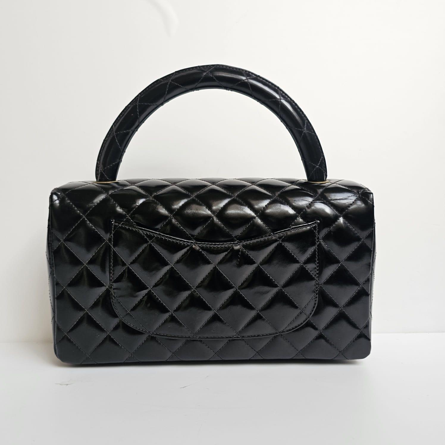 Vintage 1990s Chanel Black Patent Quilted Top Handle East West Flap Bag 2
