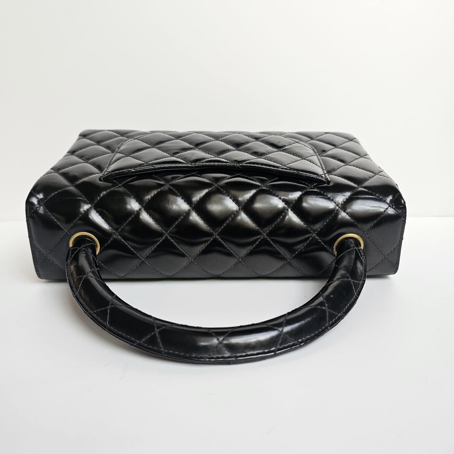 Vintage 1990s Chanel Black Patent Quilted Top Handle East West Flap Bag 3