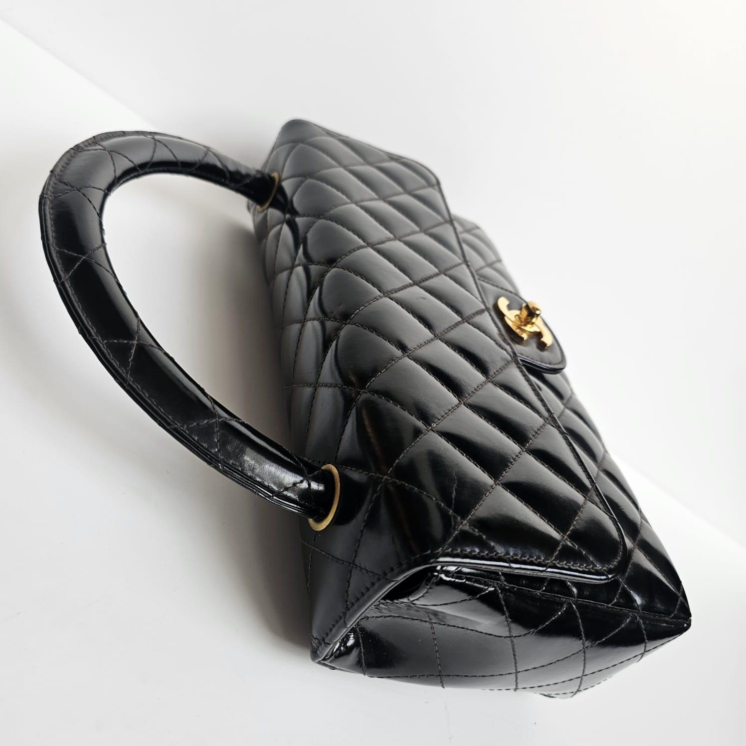 Vintage 1990s Chanel Black Patent Quilted Top Handle East West Flap Bag 4