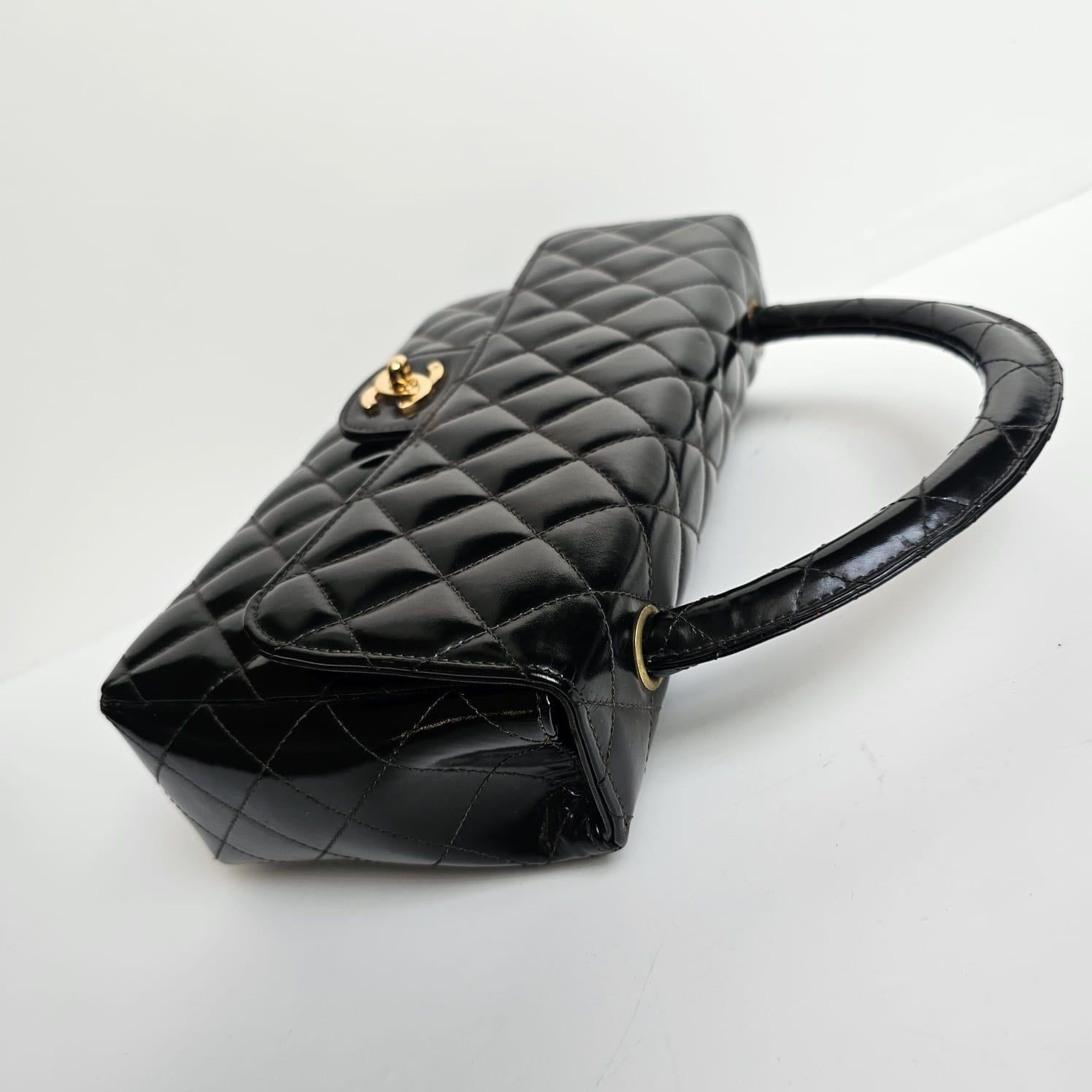 Vintage 1990s Chanel Black Patent Quilted Top Handle East West Flap Bag 5