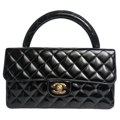 Vintage 1990s Chanel Black Patent Quilted Top Handle East West Flap Bag