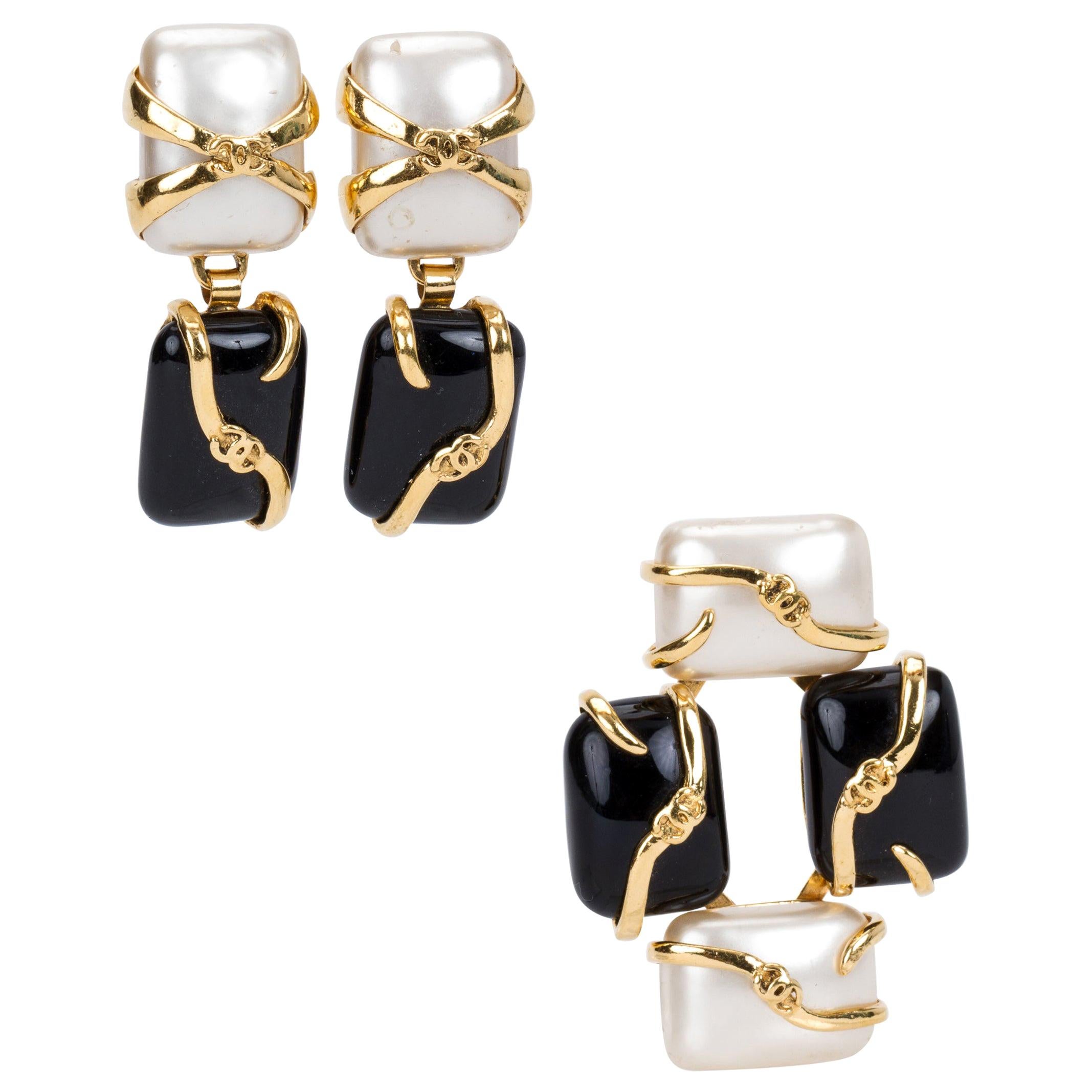Vintage 1990's Chanel Black & Pearl Earrings Pin Set