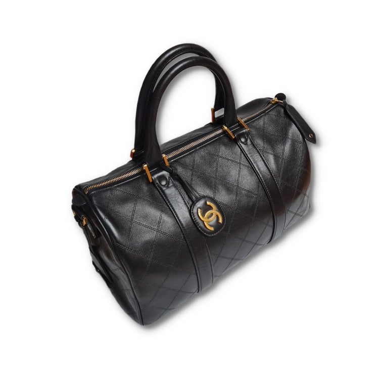 Vintage 1990s Chanel Black Quilted Boston Bag at 1stDibs