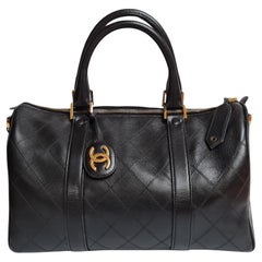 Retro 1990s Chanel Black Quilted Boston Bag