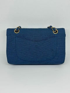 Vintage 1990s Chanel Blue Tweed Canvas Quilted Small Double Flap Bag