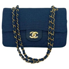 Vintage 1990s Chanel Blue Tweed Canvas Quilted Small Double Flap Bag