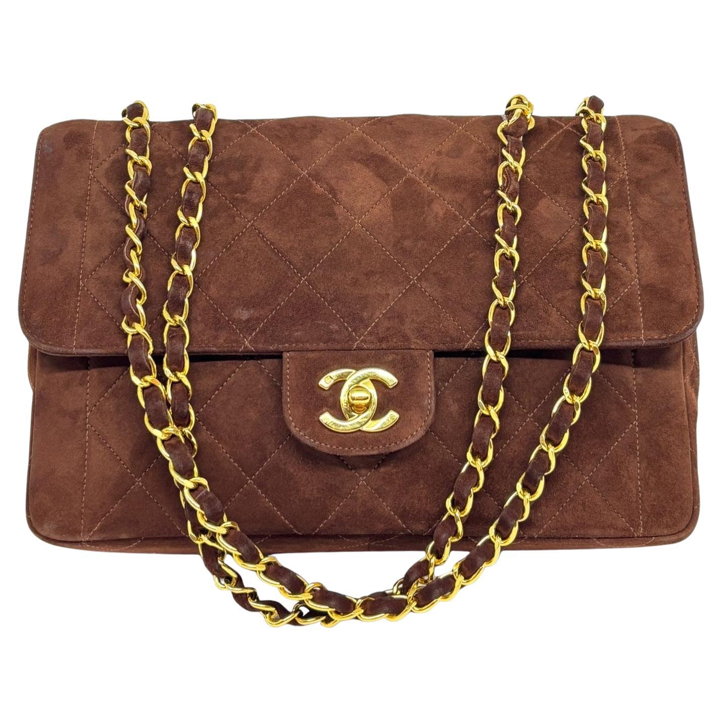 Vintage 1990s Chanel Brown Suede Quilted Medium Chic Flap Bag