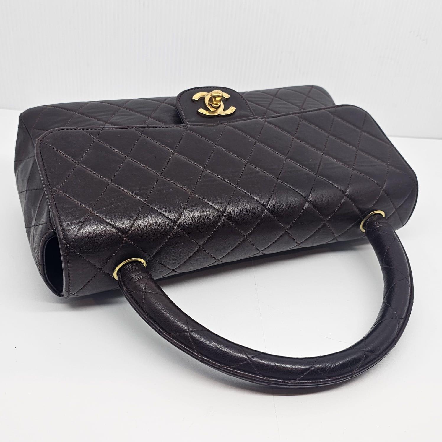 Vintage 1990s Chanel Chocolate Lambskin Medium Top Handle Kelly Bag For Sale 5