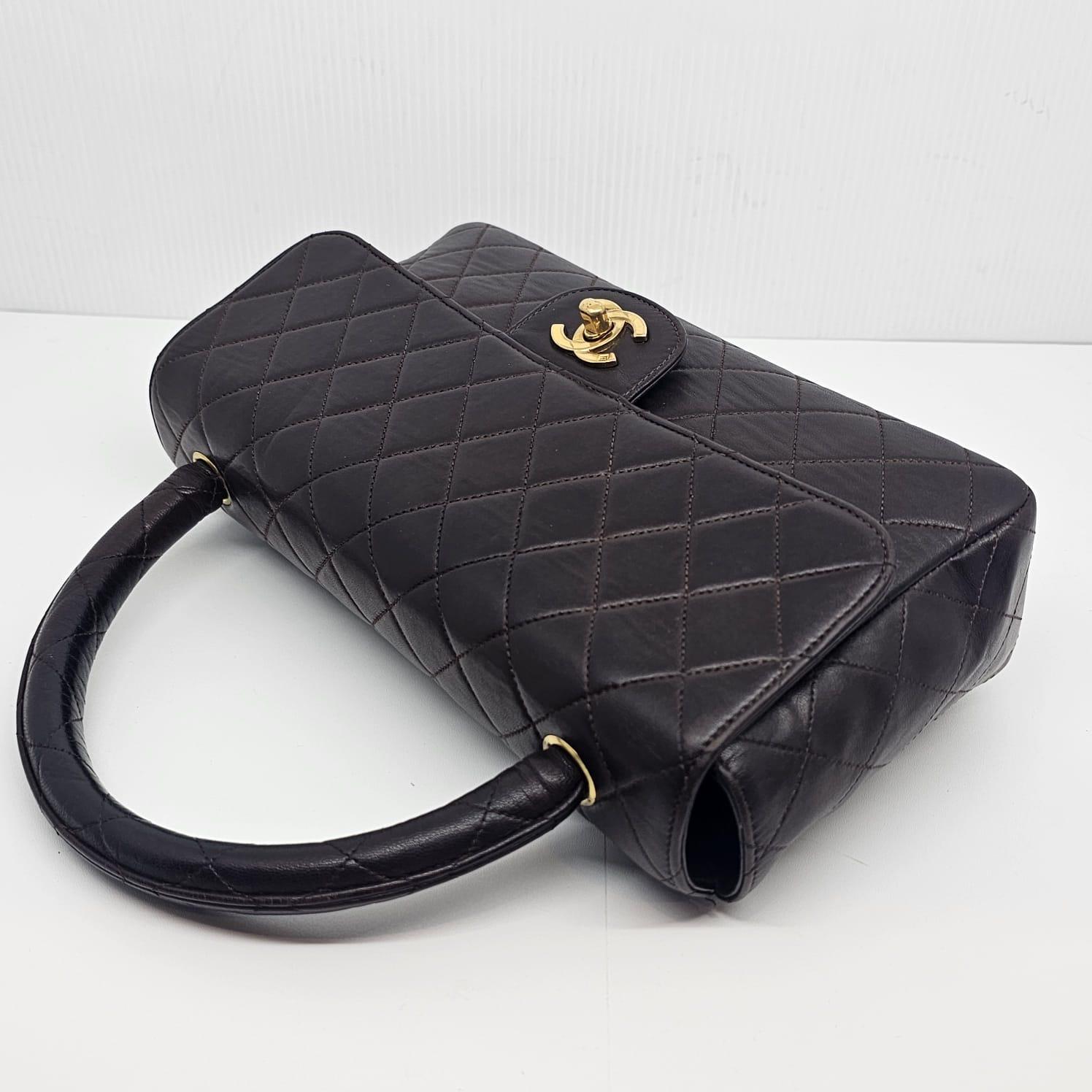 Vintage 1990s Chanel Chocolate Lambskin Medium Top Handle Kelly Bag For Sale 1