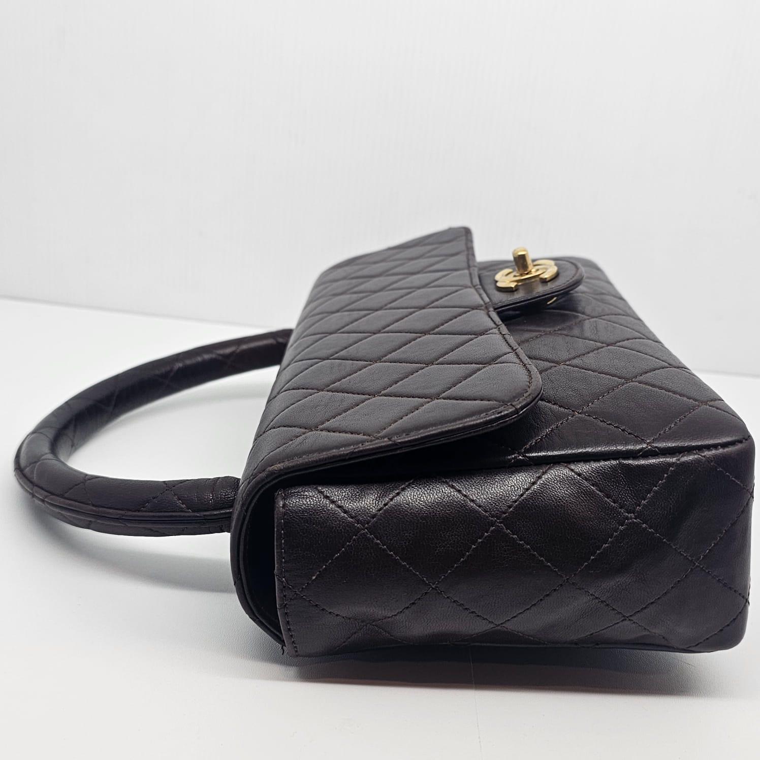 Vintage 1990s Chanel Chocolate Lambskin Medium Top Handle Kelly Bag For Sale 2