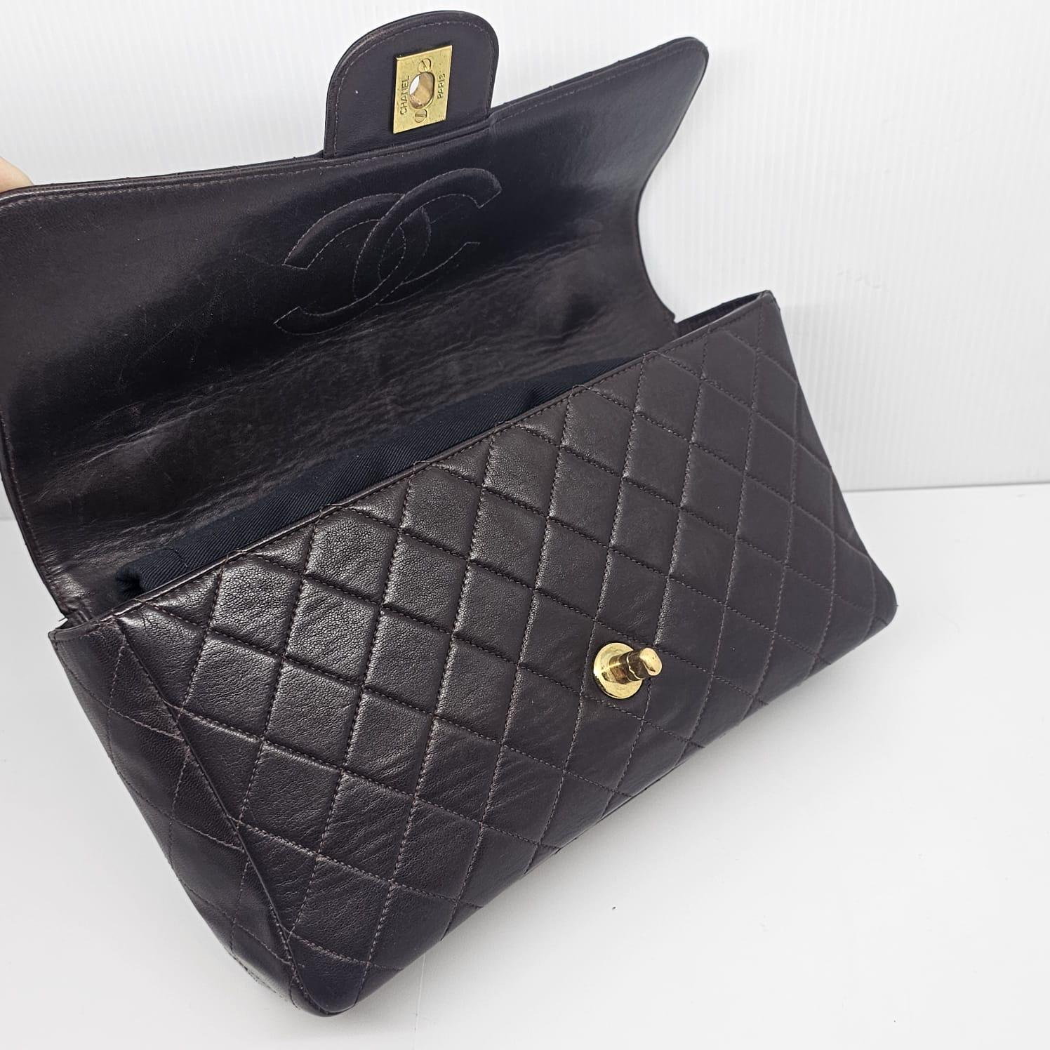 Vintage 1990s Chanel Chocolate Lambskin Medium Top Handle Kelly Bag For Sale 3