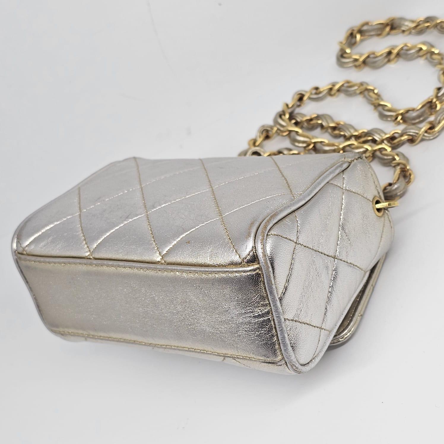 Vintage 1990s Chanel Extra Mini Silver Metallic Flap Bag. 8