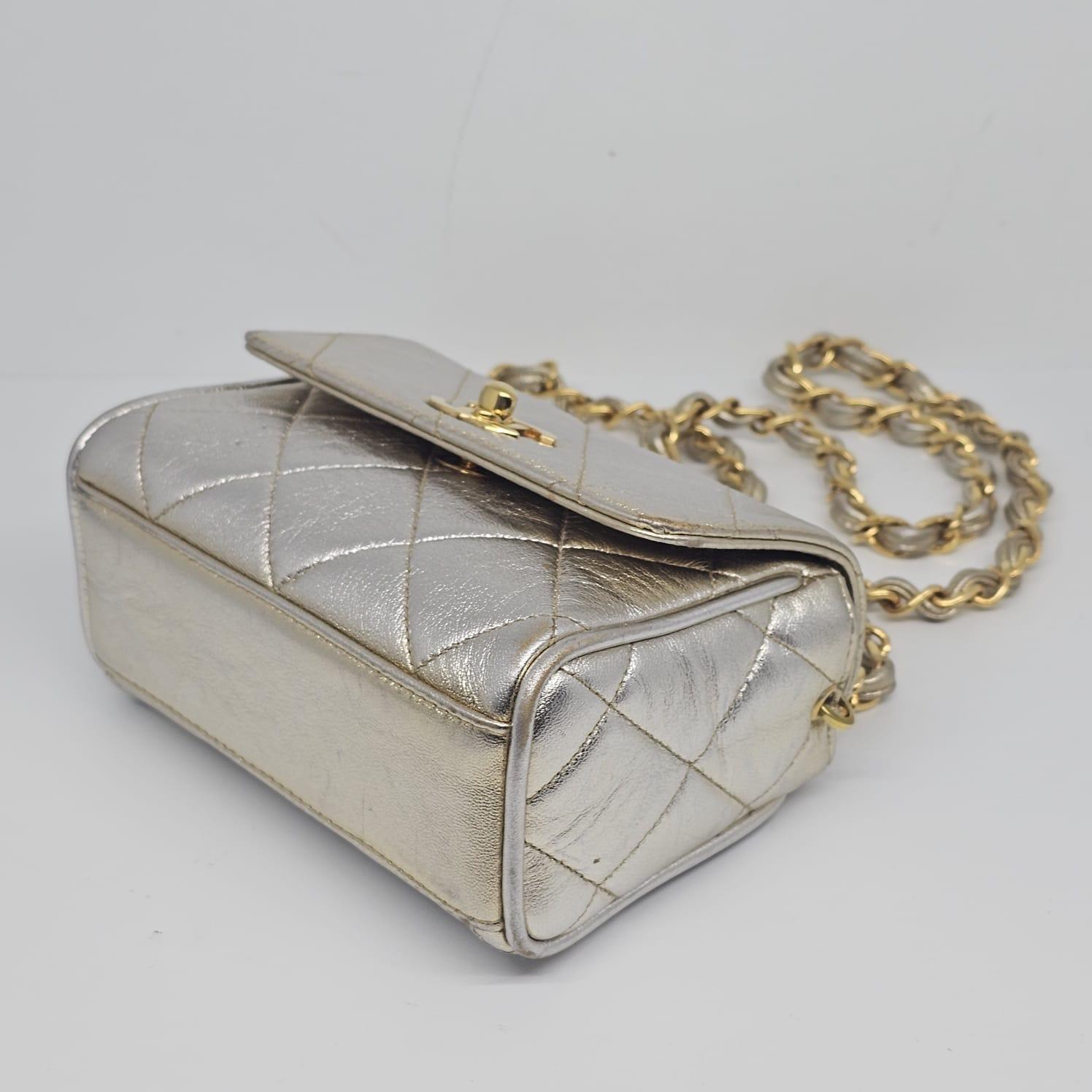 Vintage 1990s Chanel Extra Mini Silver Metallic Flap Bag. 10