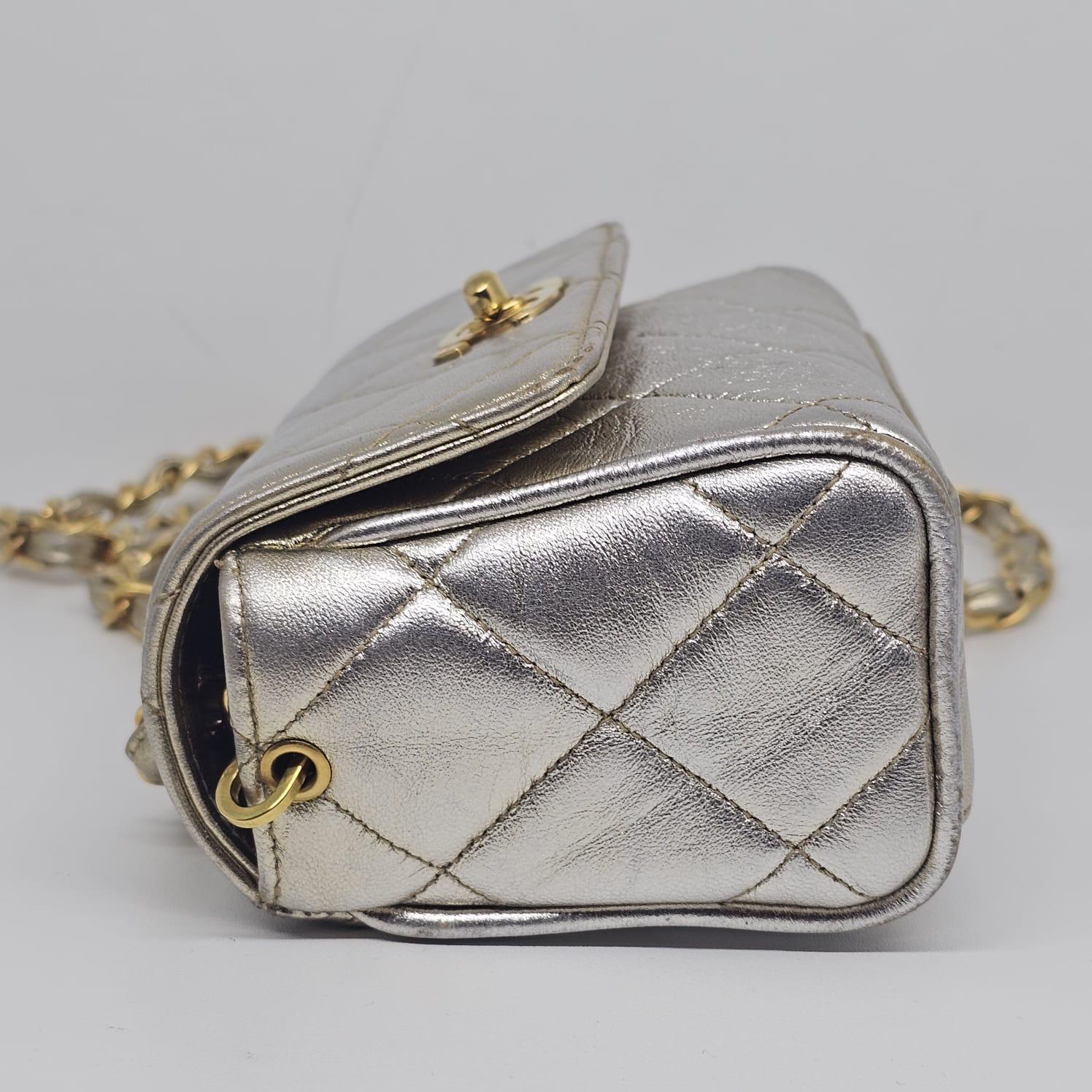 Vintage 1990s Chanel Extra Mini Silver Metallic Flap Bag. 12