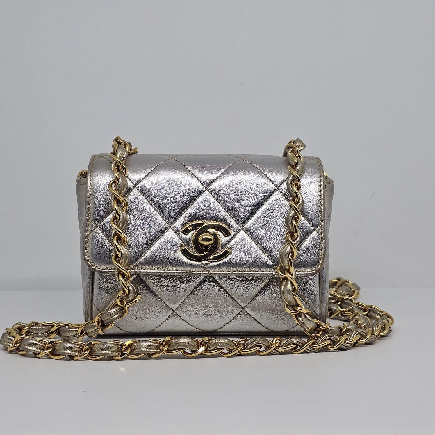 Vintage 1990s Chanel Extra Mini Silver Metallic Flap Bag. 13