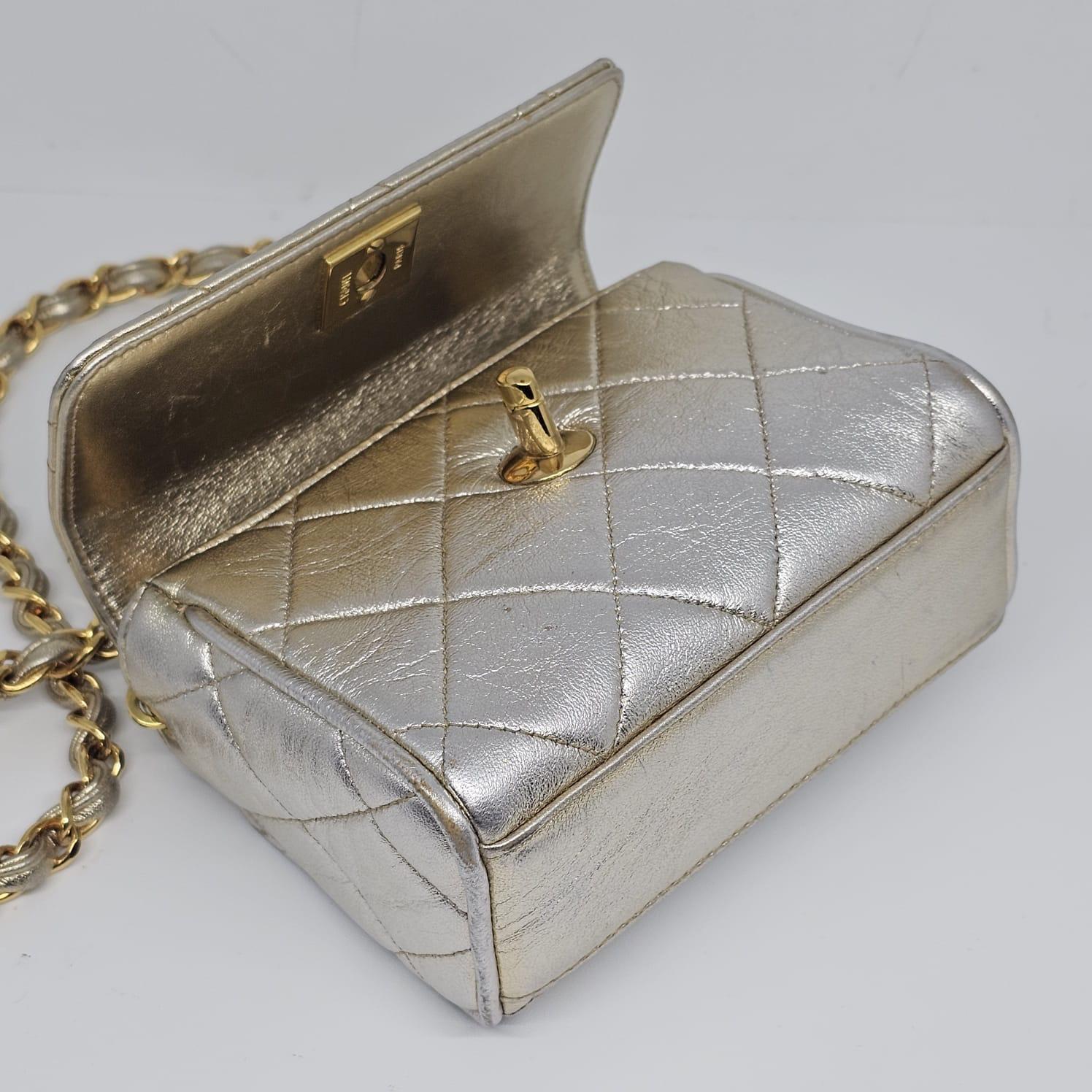 Vintage 1990s Chanel Extra Mini Silver Metallic Flap Bag. 14