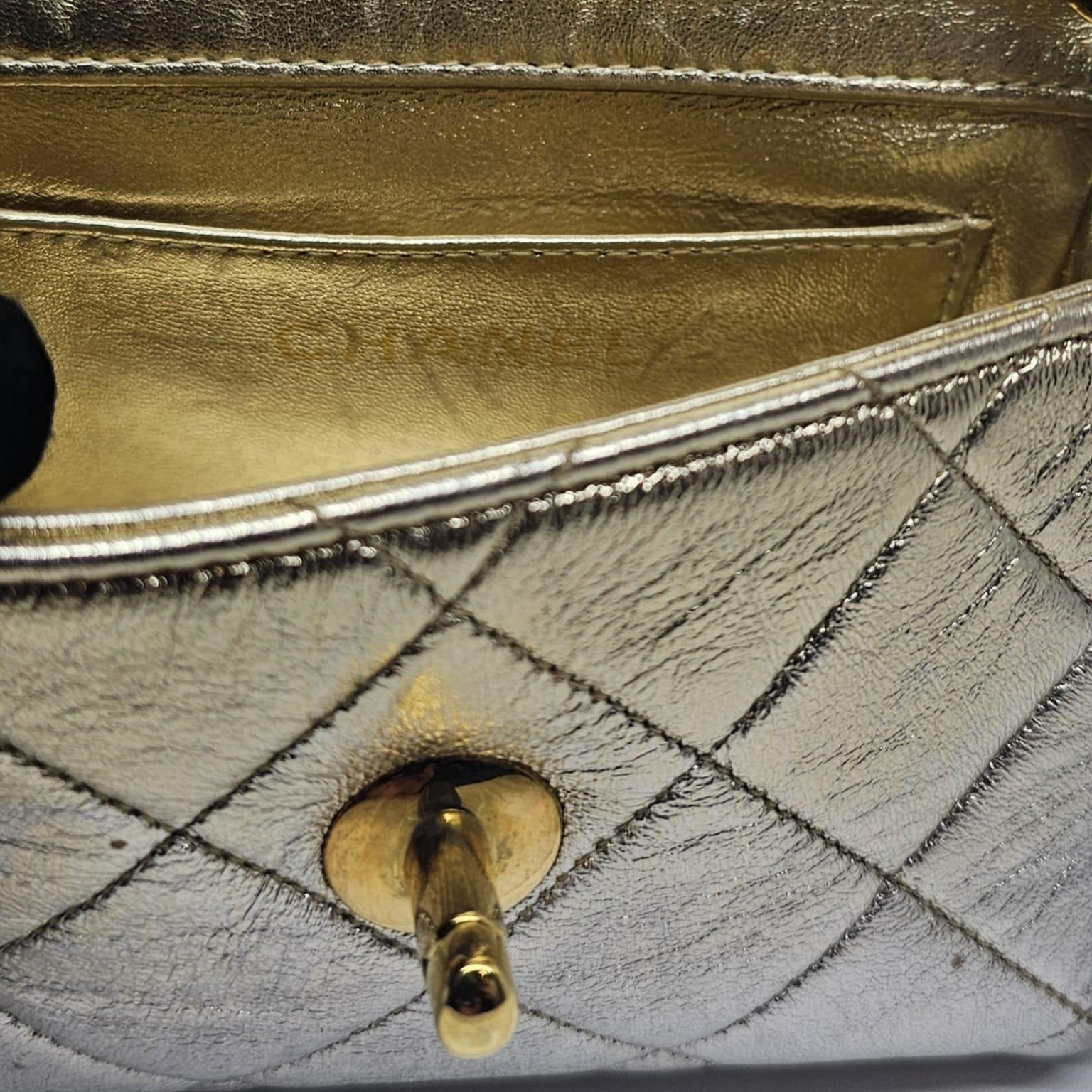 Vintage 1990s Chanel Extra Mini Silver Metallic Flap Bag. 15