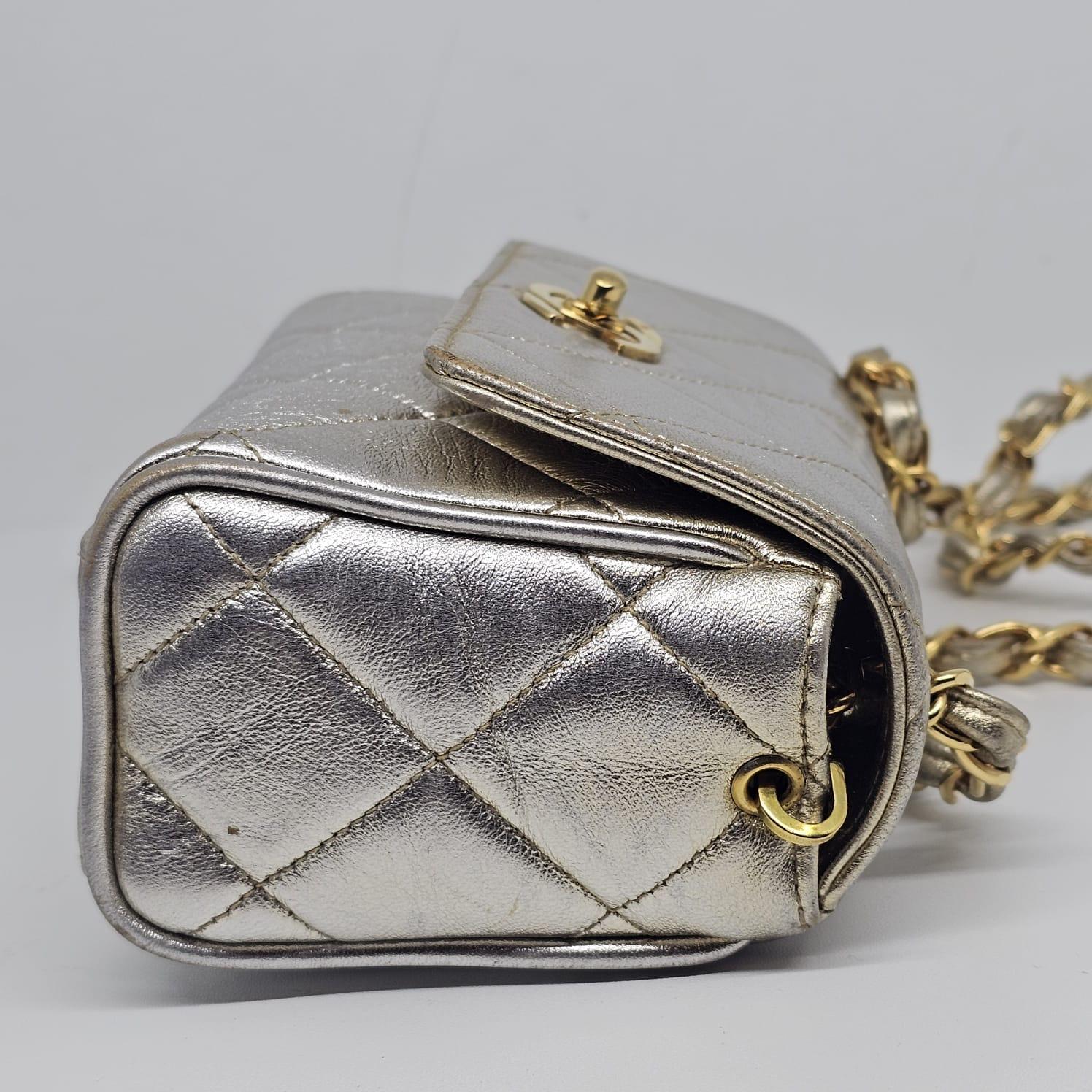 Vintage 1990s Chanel Extra Mini Silver Metallic Flap Bag. 16