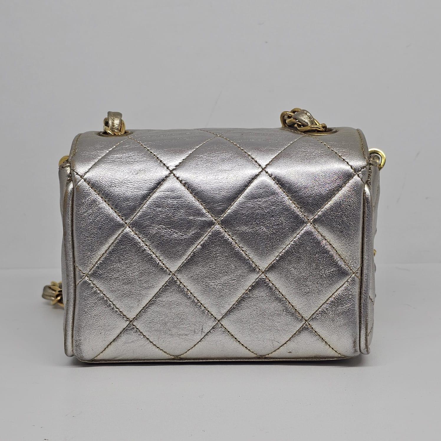 Vintage 1990s Chanel Extra Mini Silver Metallic Flap Bag. 3
