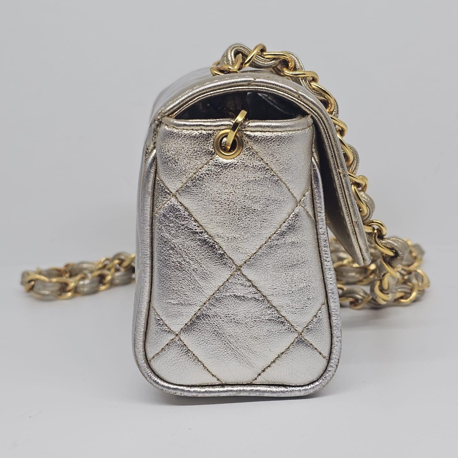 Vintage 1990s Chanel Extra Mini Silver Metallic Flap Bag. 4