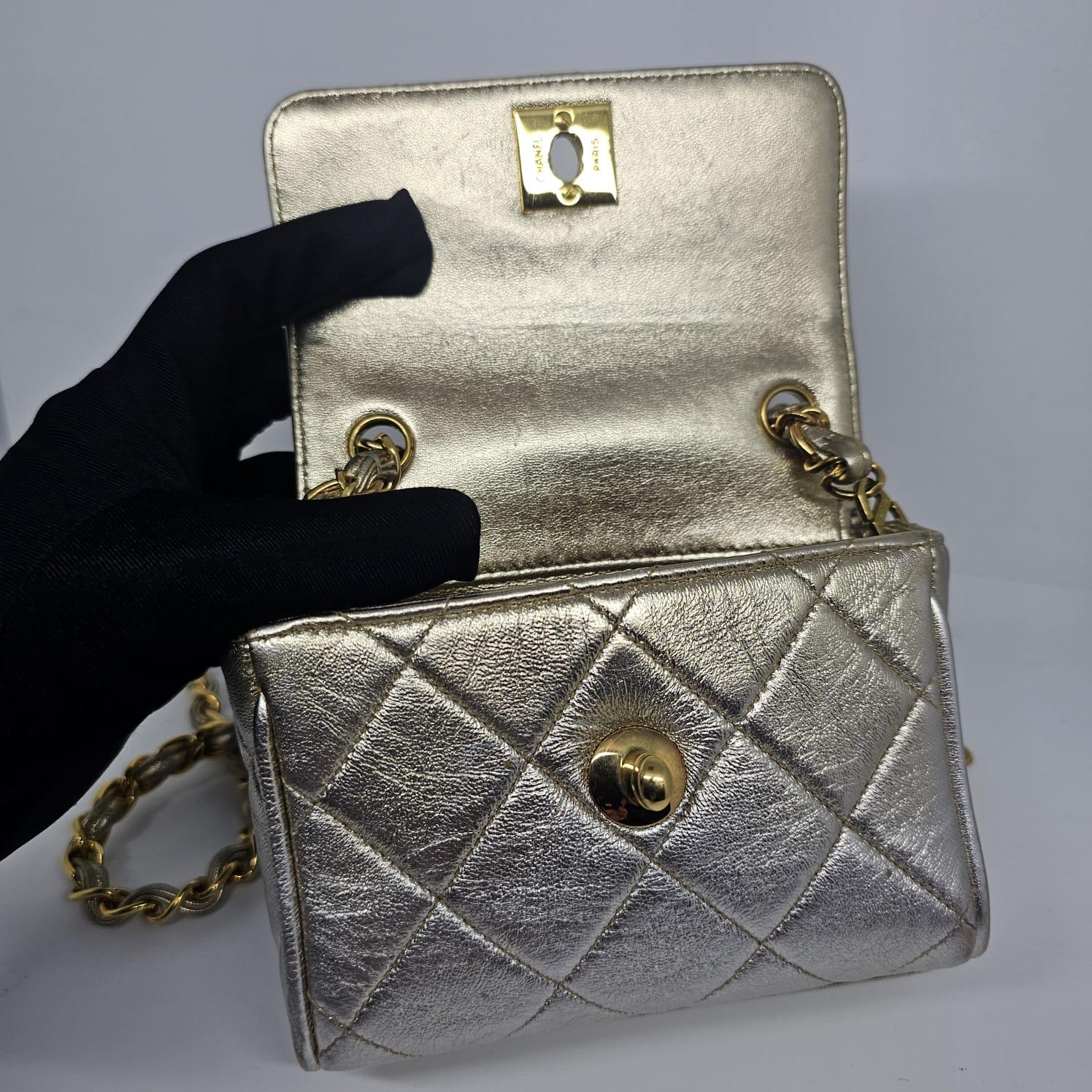 Vintage 1990s Chanel Extra Mini Silver Metallic Flap Bag. 5