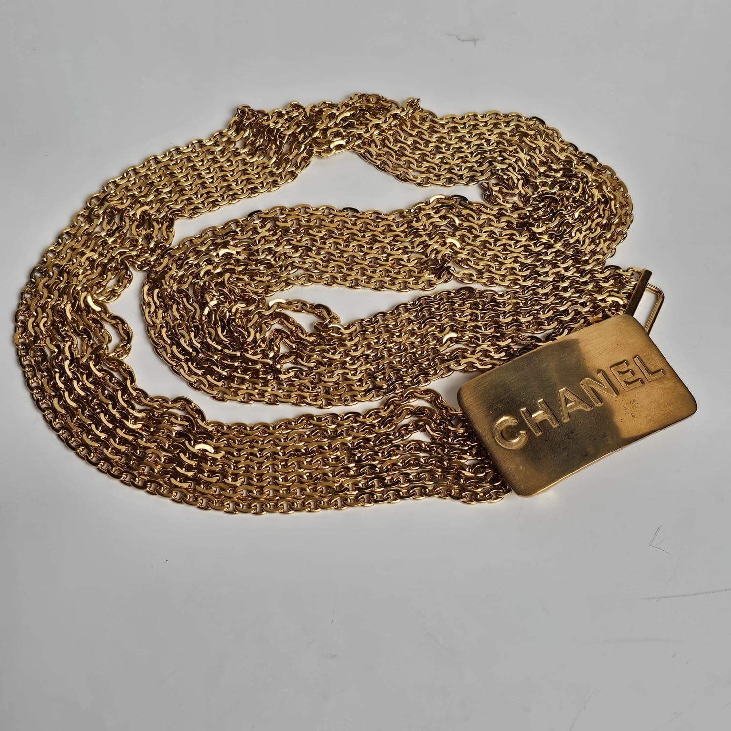 Brown Vintage 1990s Chanel Gold Buckle Chain Layered Belt For Sale