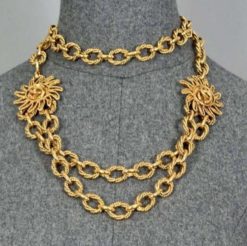 Rare Chanel gold sun medallion with CC detail waist belt. Can be worn as layered necklace as well. Light tarnishing on the hardware. Truly a collector’s piece. Comes as is.