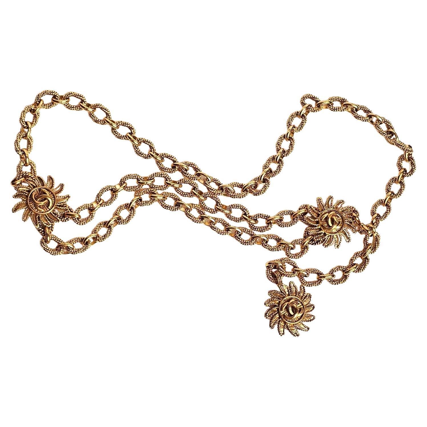 Vintage 1990s Chanel Gold Sun Medallion Layered Chain Waist Belt