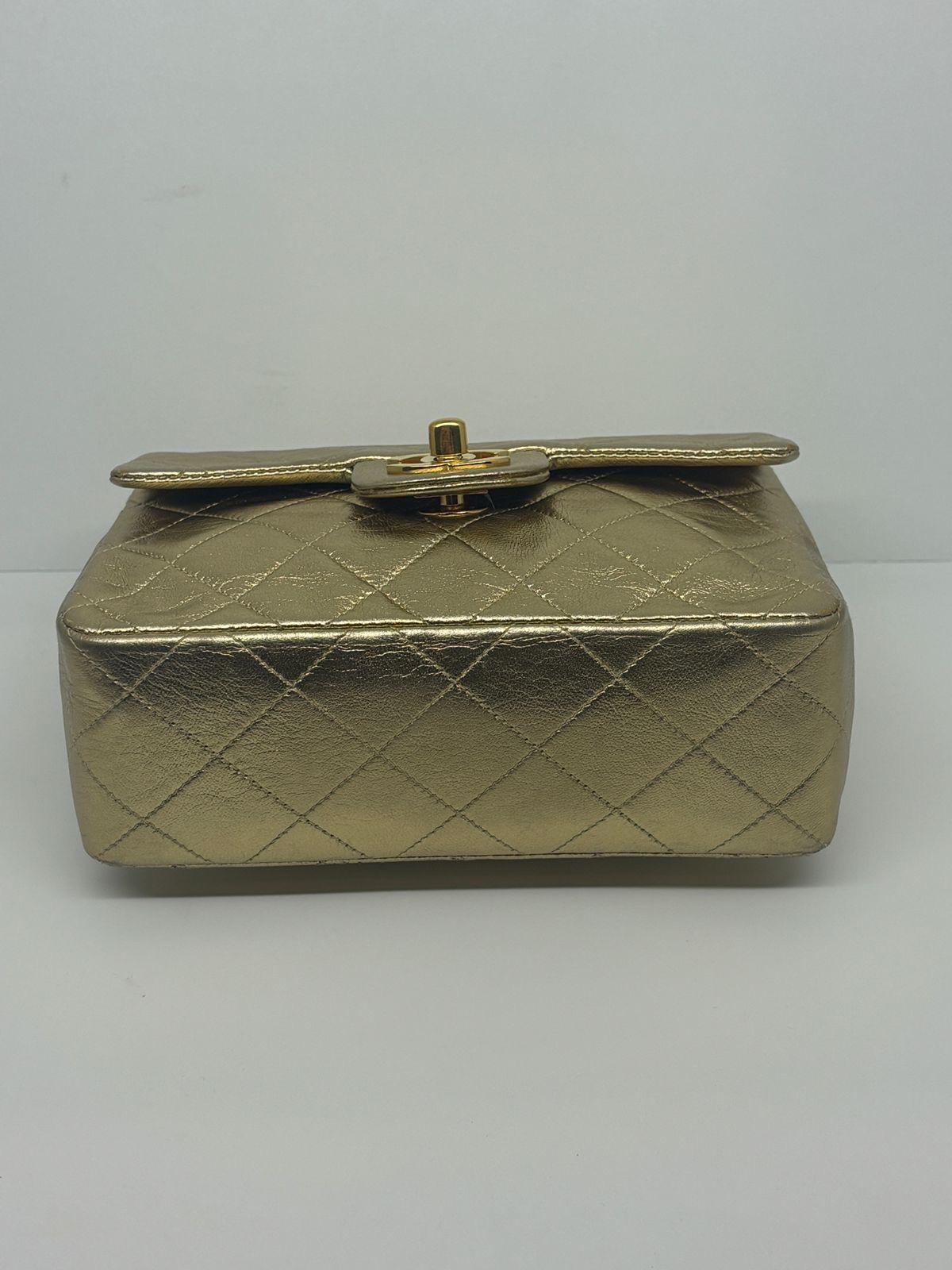 Vintage 1990s Chanel Metallic Gold Quilted Mini Square Flap Bag 5