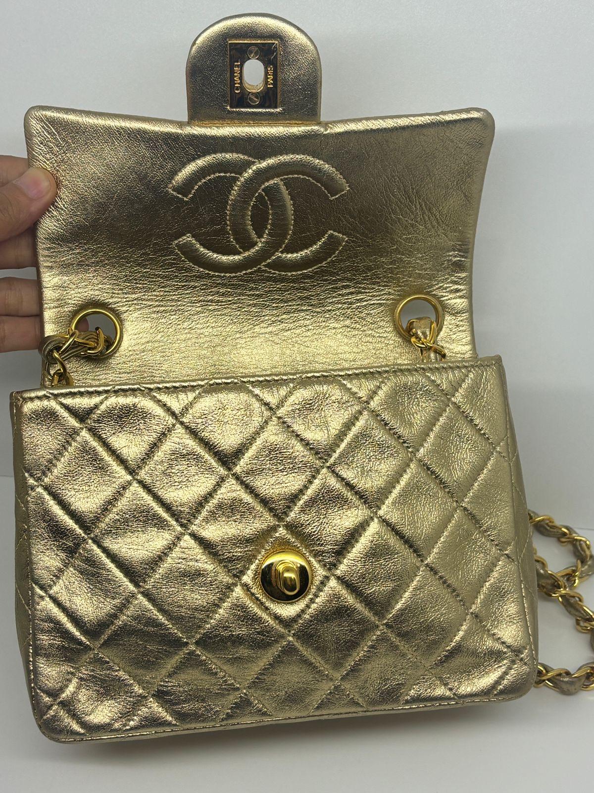 Vintage 1990s Chanel Metallic Gold Quilted Mini Square Flap Bag 6