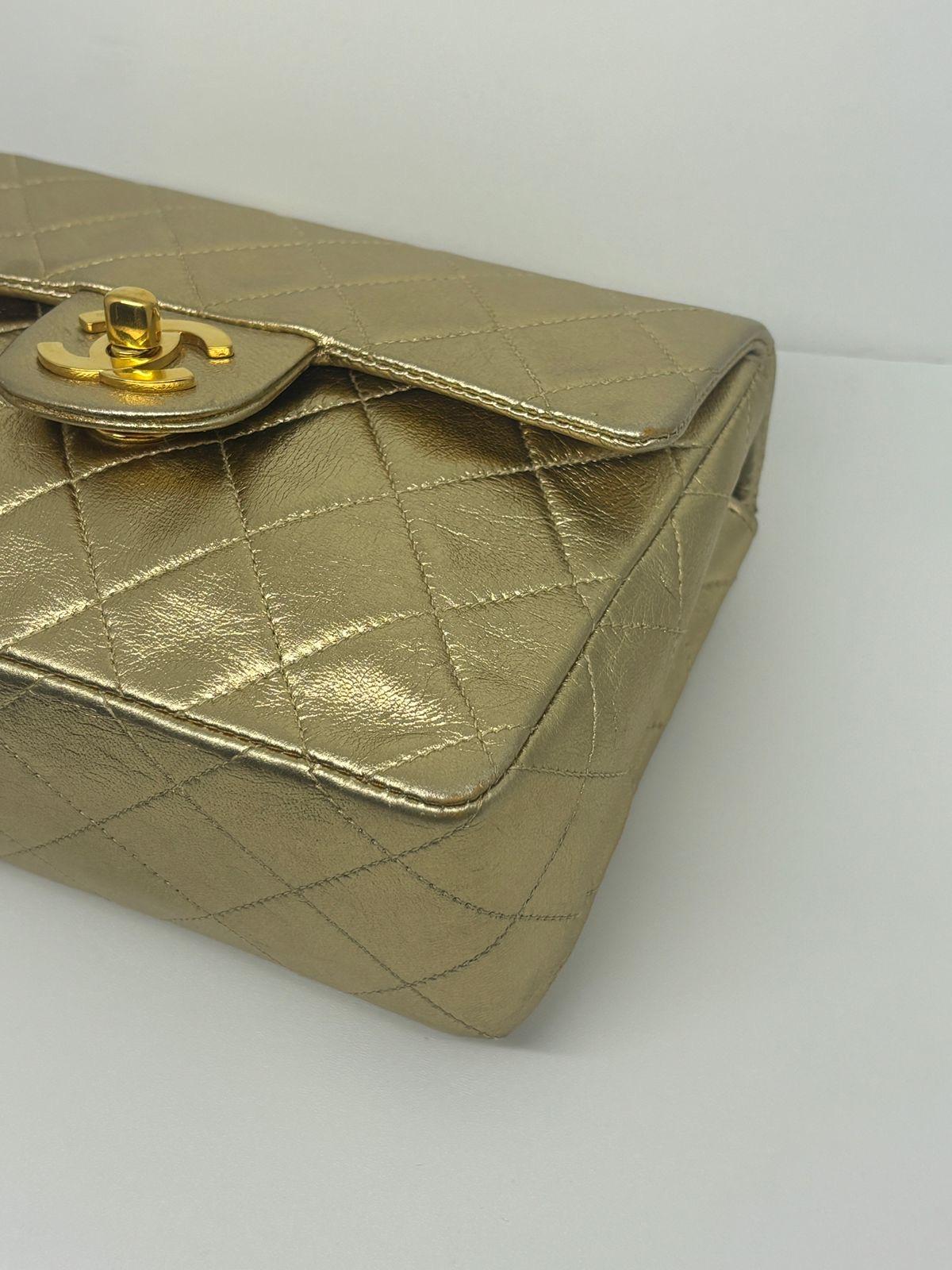 Vintage 1990s Chanel Metallic Gold Quilted Mini Square Flap Bag 7