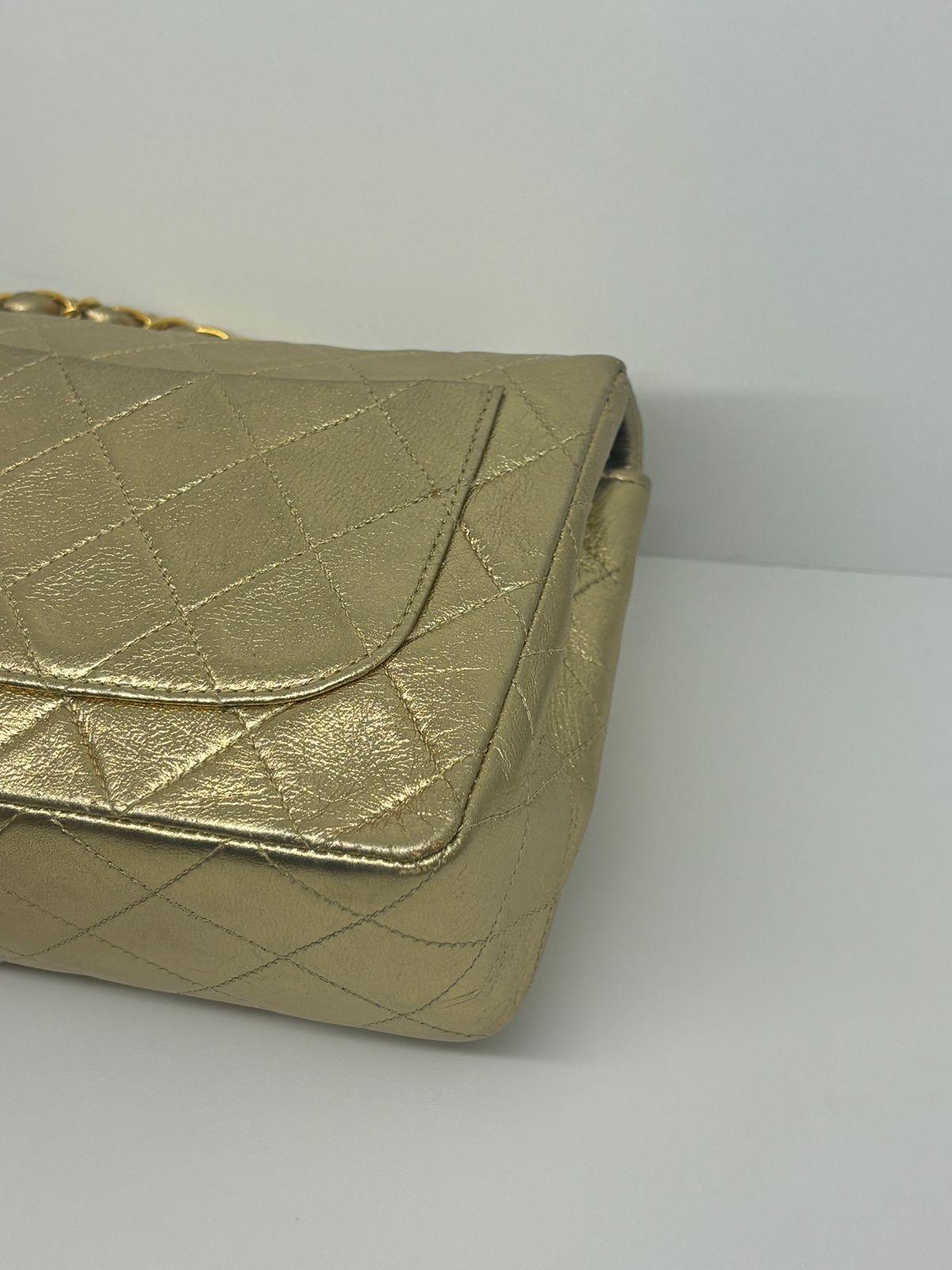 Vintage 1990s Chanel Metallic Gold Quilted Mini Square Flap Bag 8