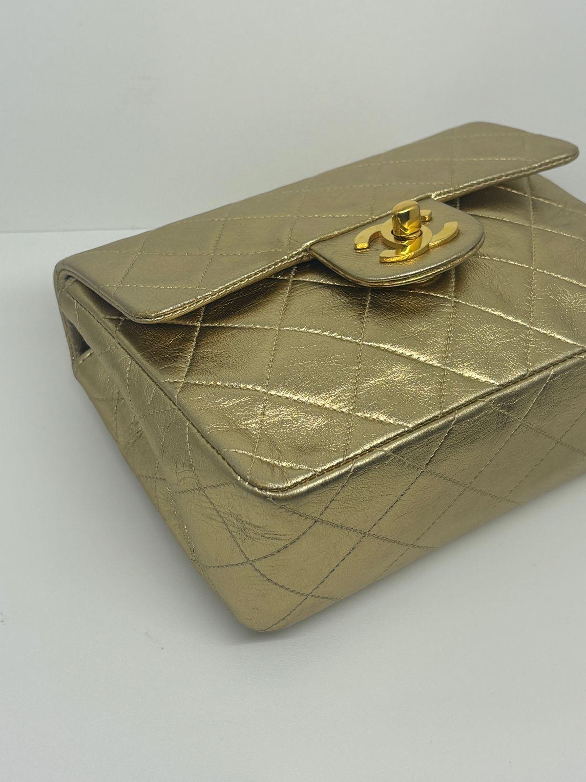 Vintage 1990s Chanel Metallic Gold Quilted Mini Square Flap Bag 9