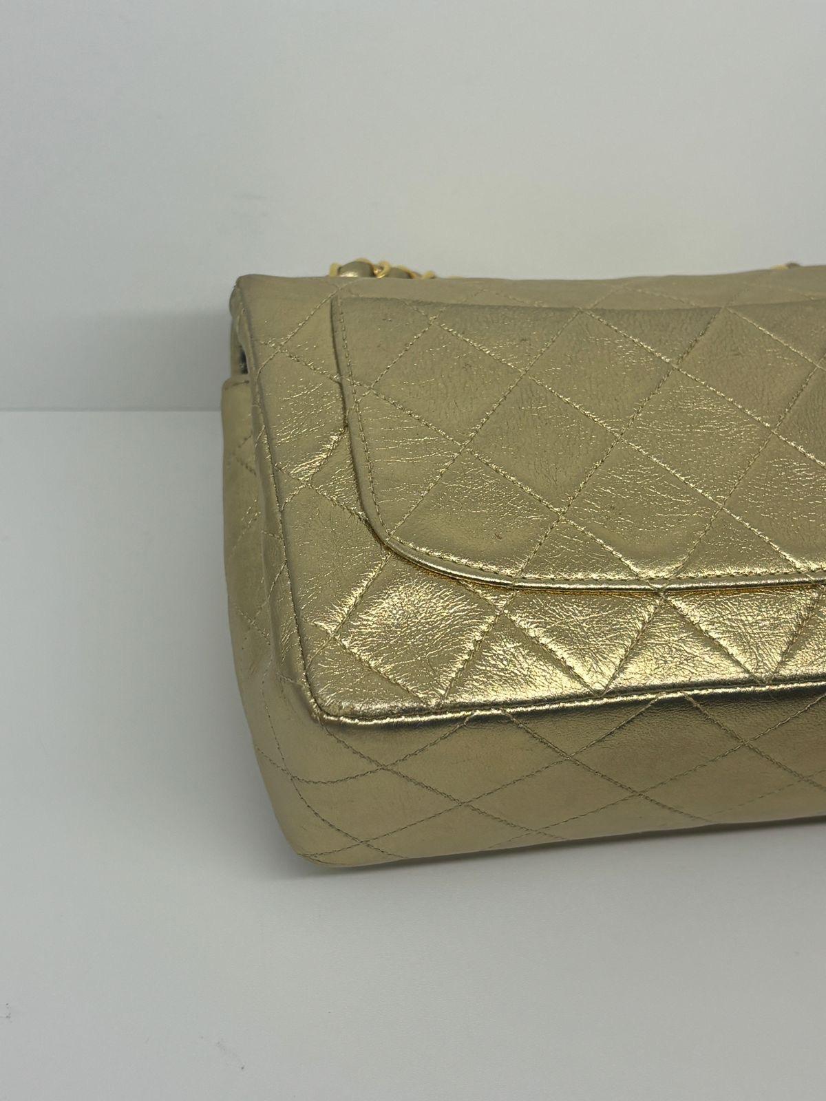 Vintage 1990s Chanel Metallic Gold Quilted Mini Square Flap Bag 11