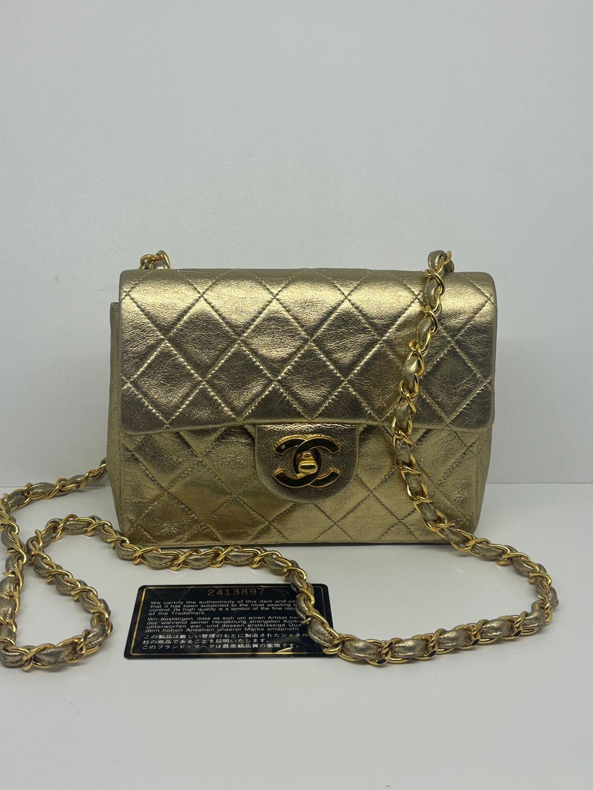 Vintage 1990s Chanel Metallic Gold Quilted Mini Square Flap Bag 12