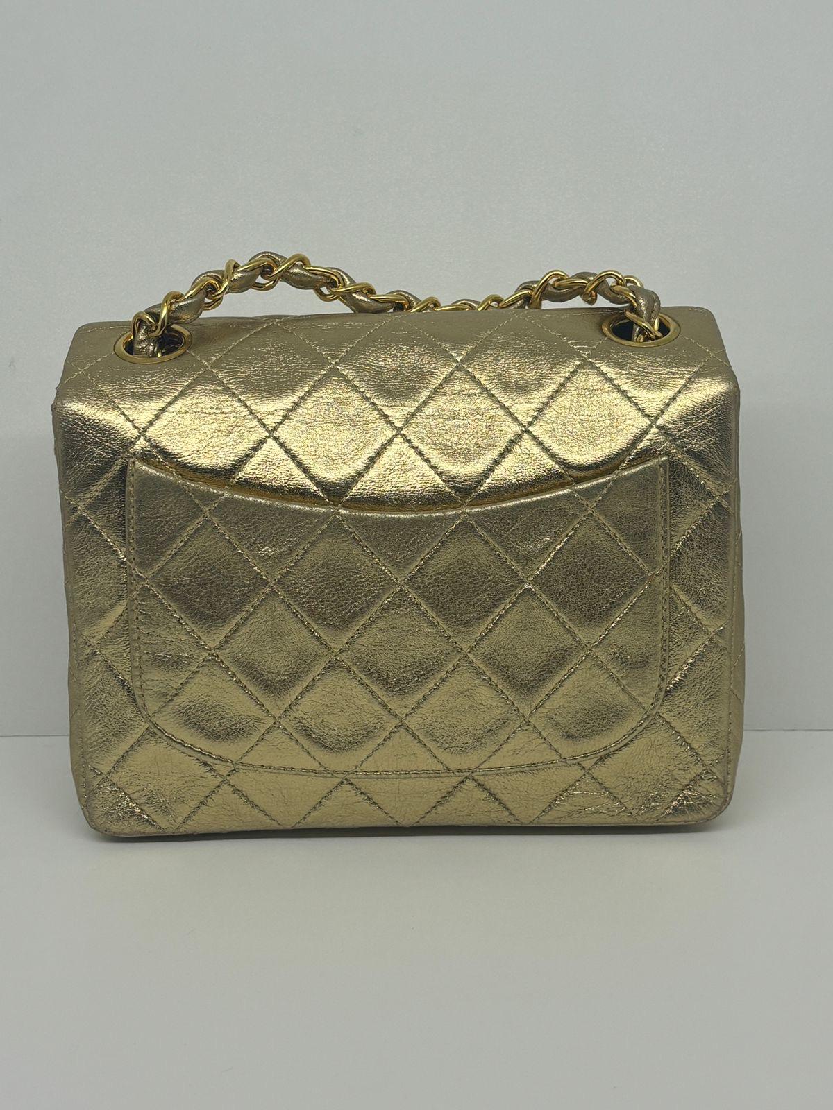 Brown Vintage 1990s Chanel Metallic Gold Quilted Mini Square Flap Bag
