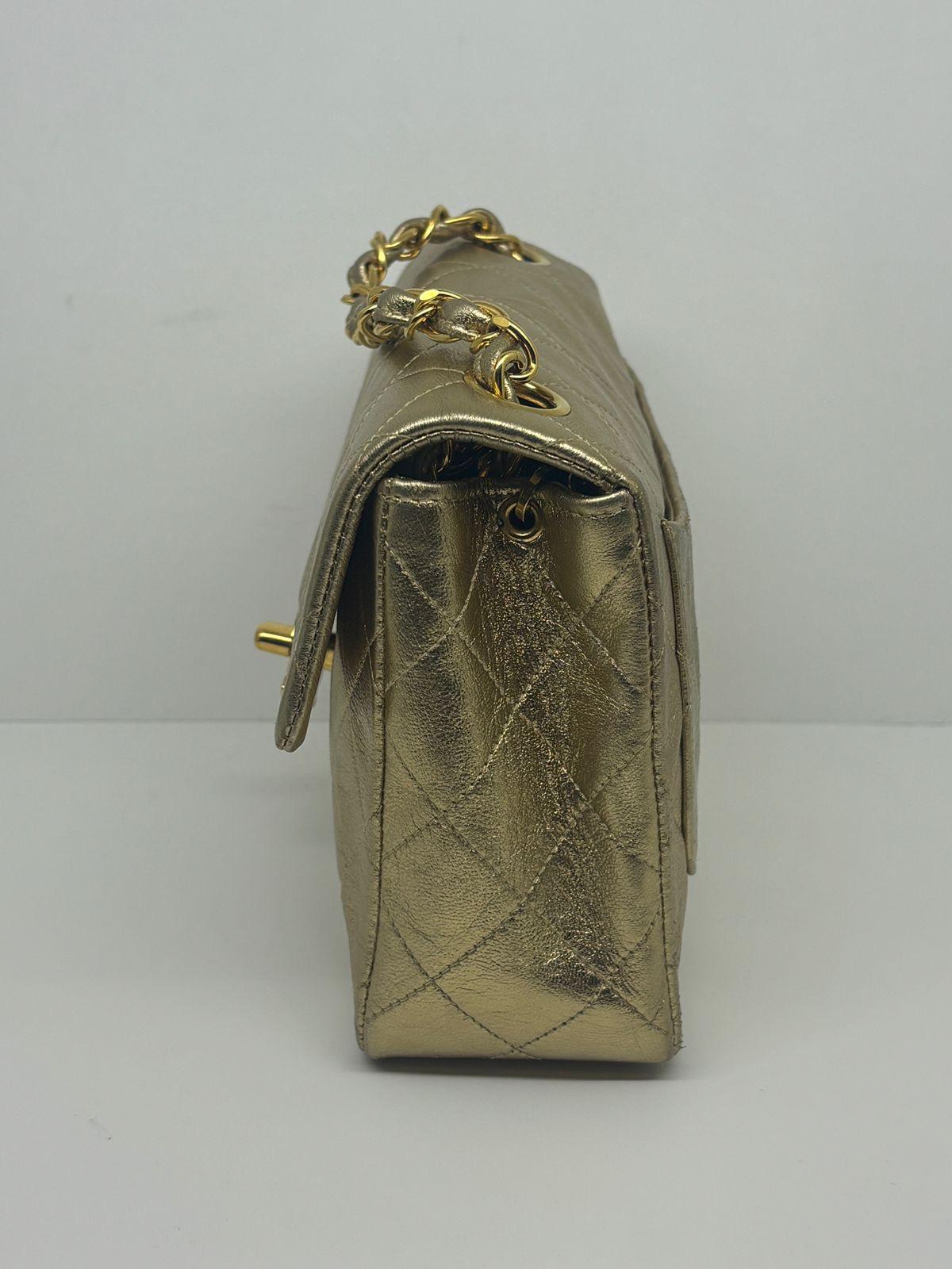 Women's Vintage 1990s Chanel Metallic Gold Quilted Mini Square Flap Bag