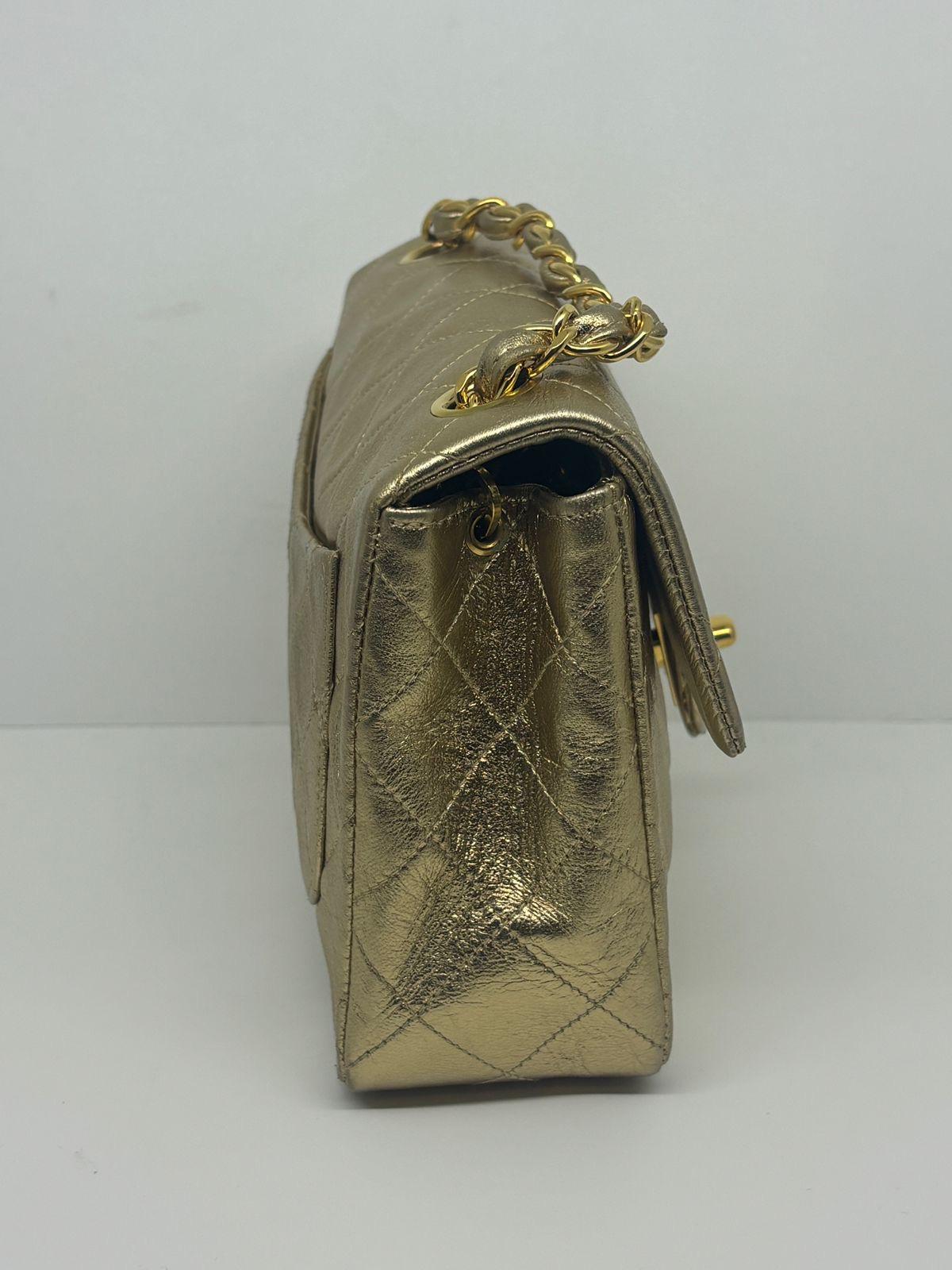 Vintage 1990s Chanel Metallic Gold Quilted Mini Square Flap Bag 2