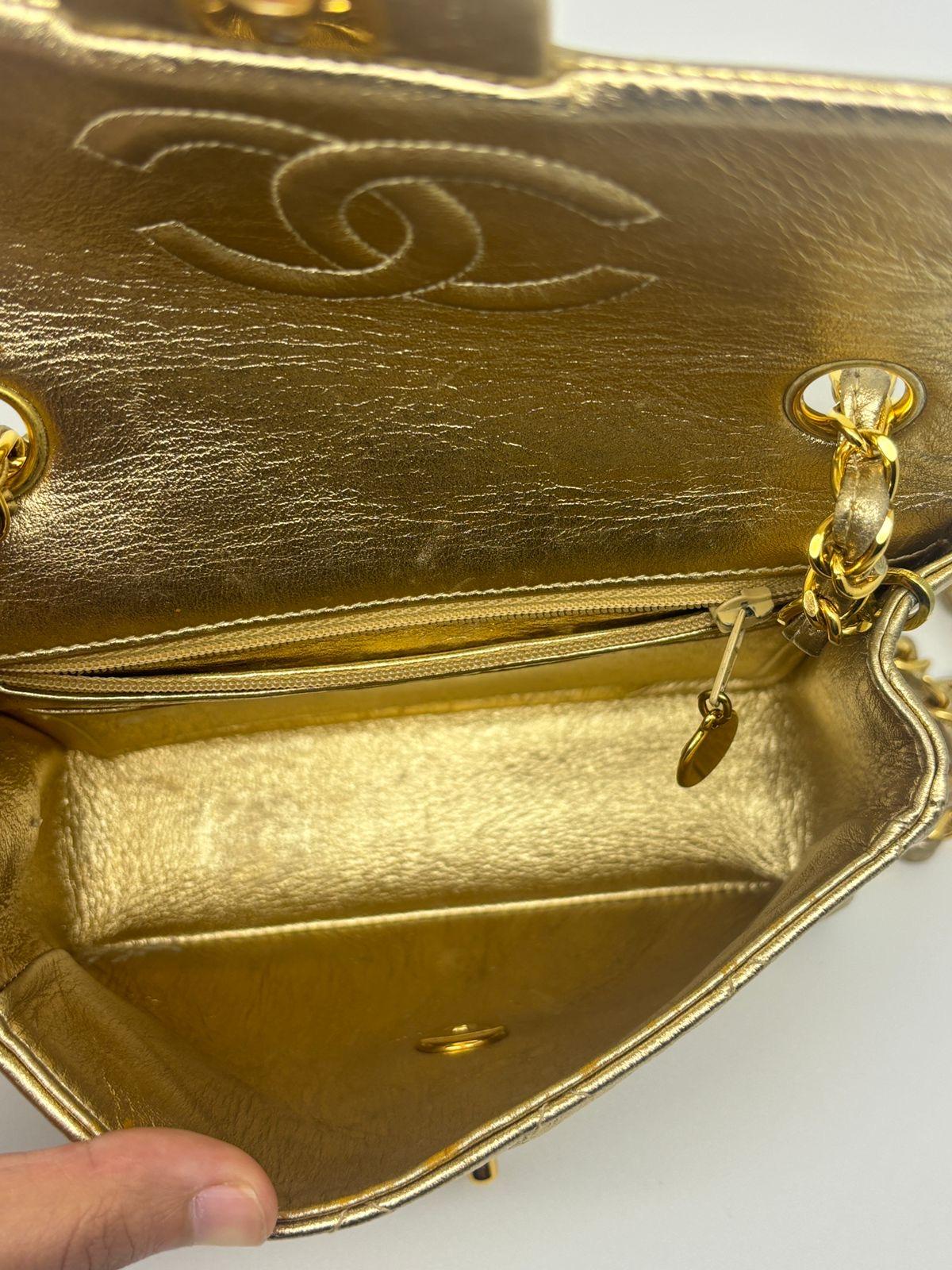 Vintage 1990s Chanel Metallic Gold Quilted Mini Square Flap Bag 3