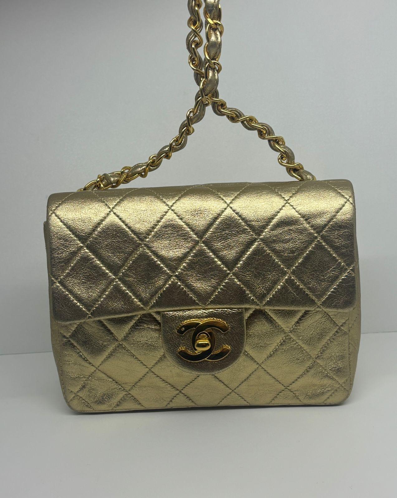 Vintage 1990s Chanel Metallic Gold Quilted Mini Square Flap Bag 4