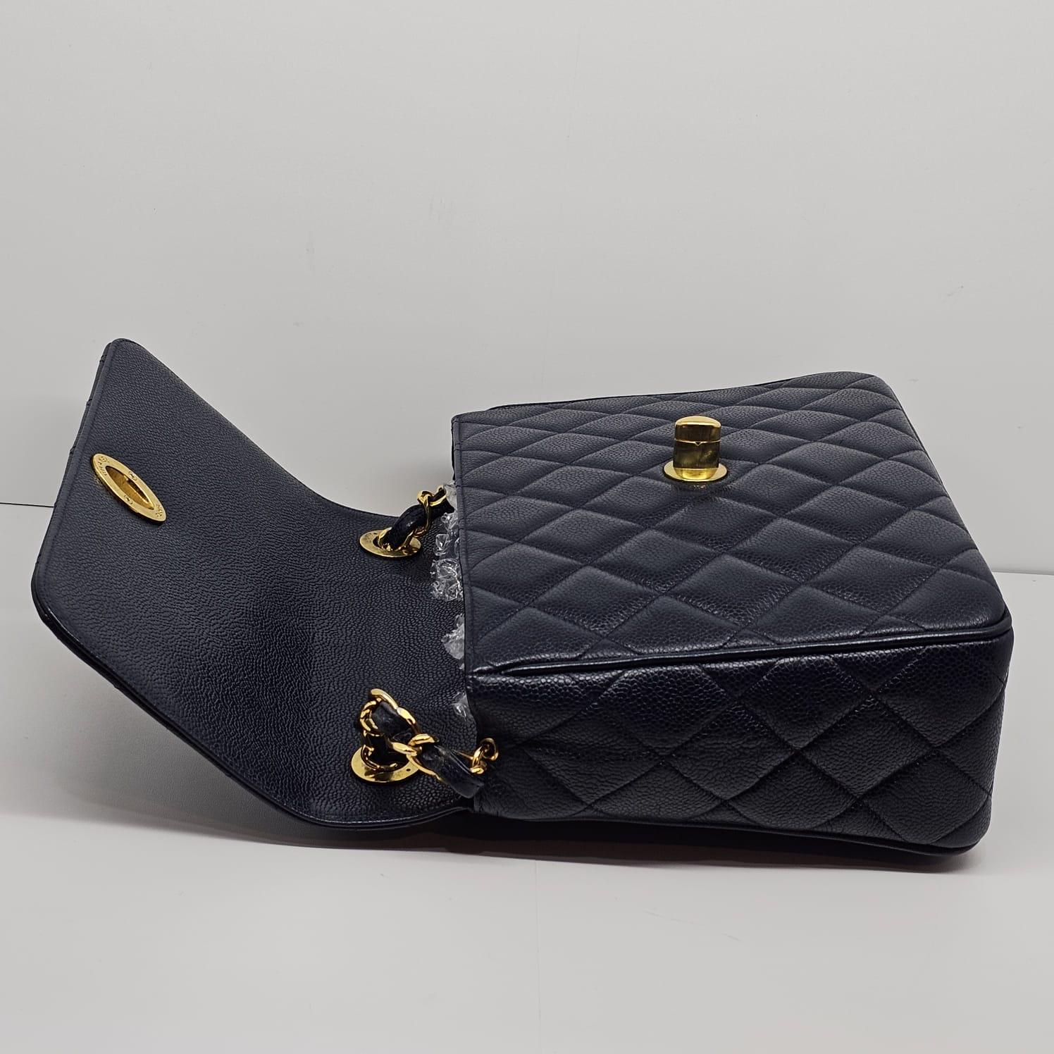 Vintage 1990s Chanel Navy Caviar Quilted Square Flap Bag 8