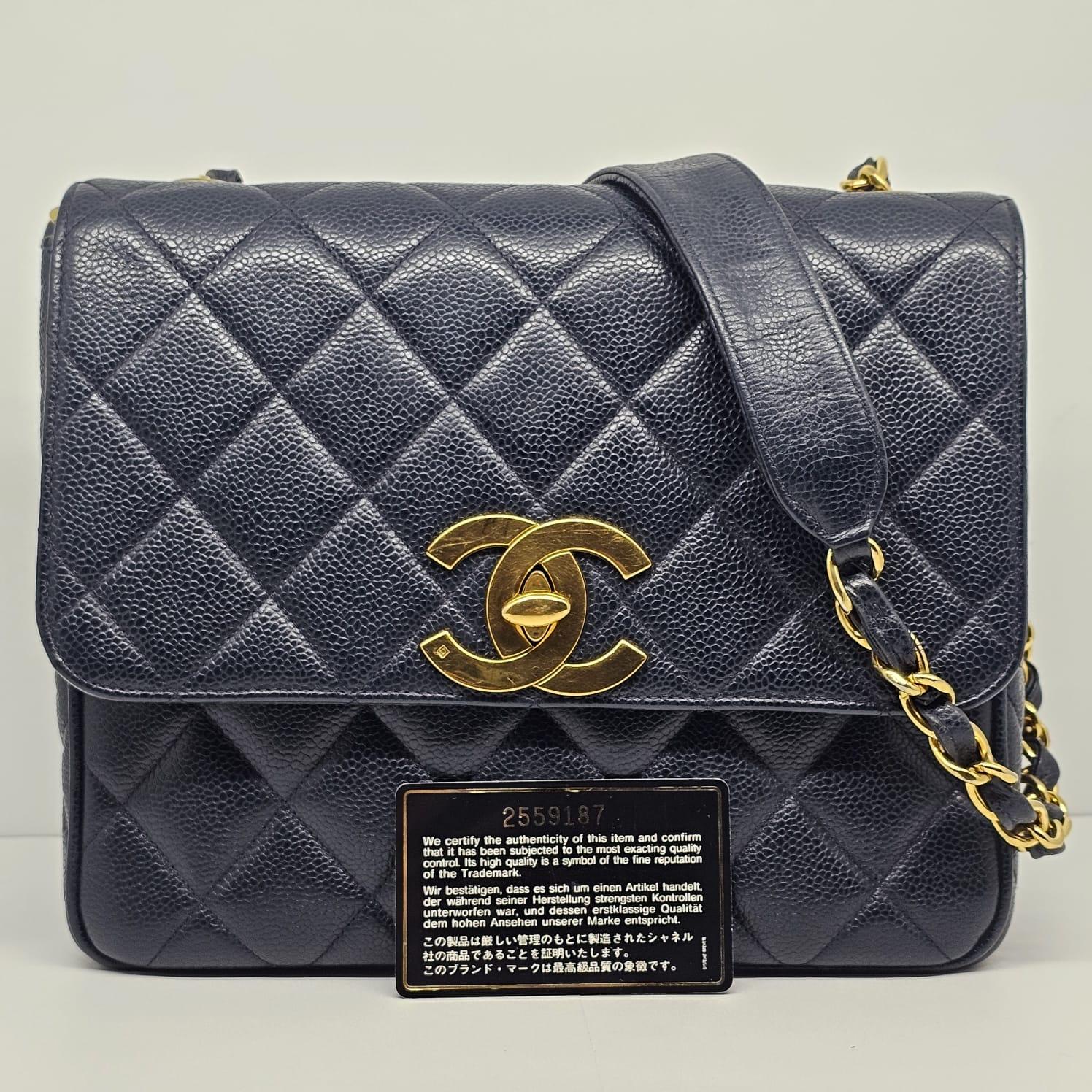 Black Vintage 1990s Chanel Navy Caviar Quilted Square Flap Bag