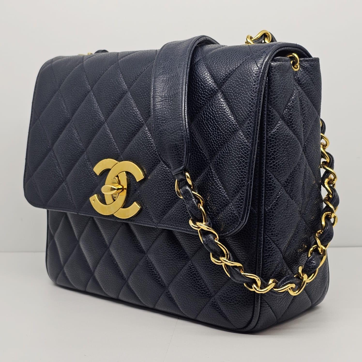 Vintage 1990s Chanel Navy Caviar Quilted Square Flap Bag 4