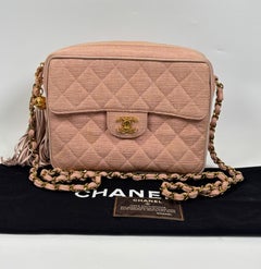 Vintage 1990s Chanel Pink Canvas Linen Quilted Camera Bag