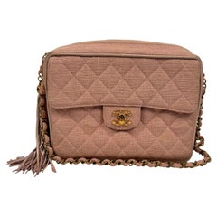 Vintage 1990s Chanel Pink Canvas Linen Quilted Camera Bag