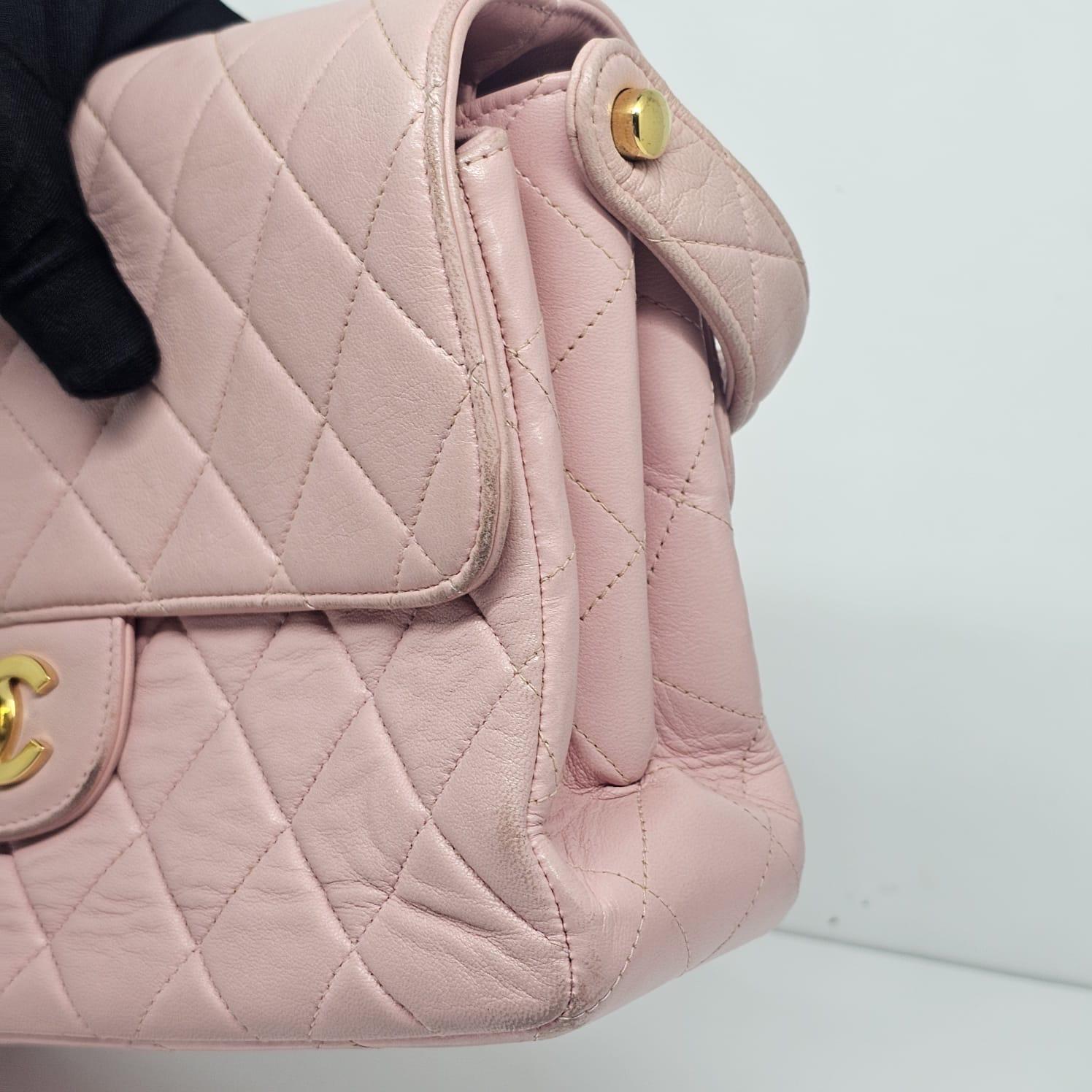 Vintage 1990s Chanel Pink Sakura Medium Lambskin Biface Top Handle Bag For Sale 7